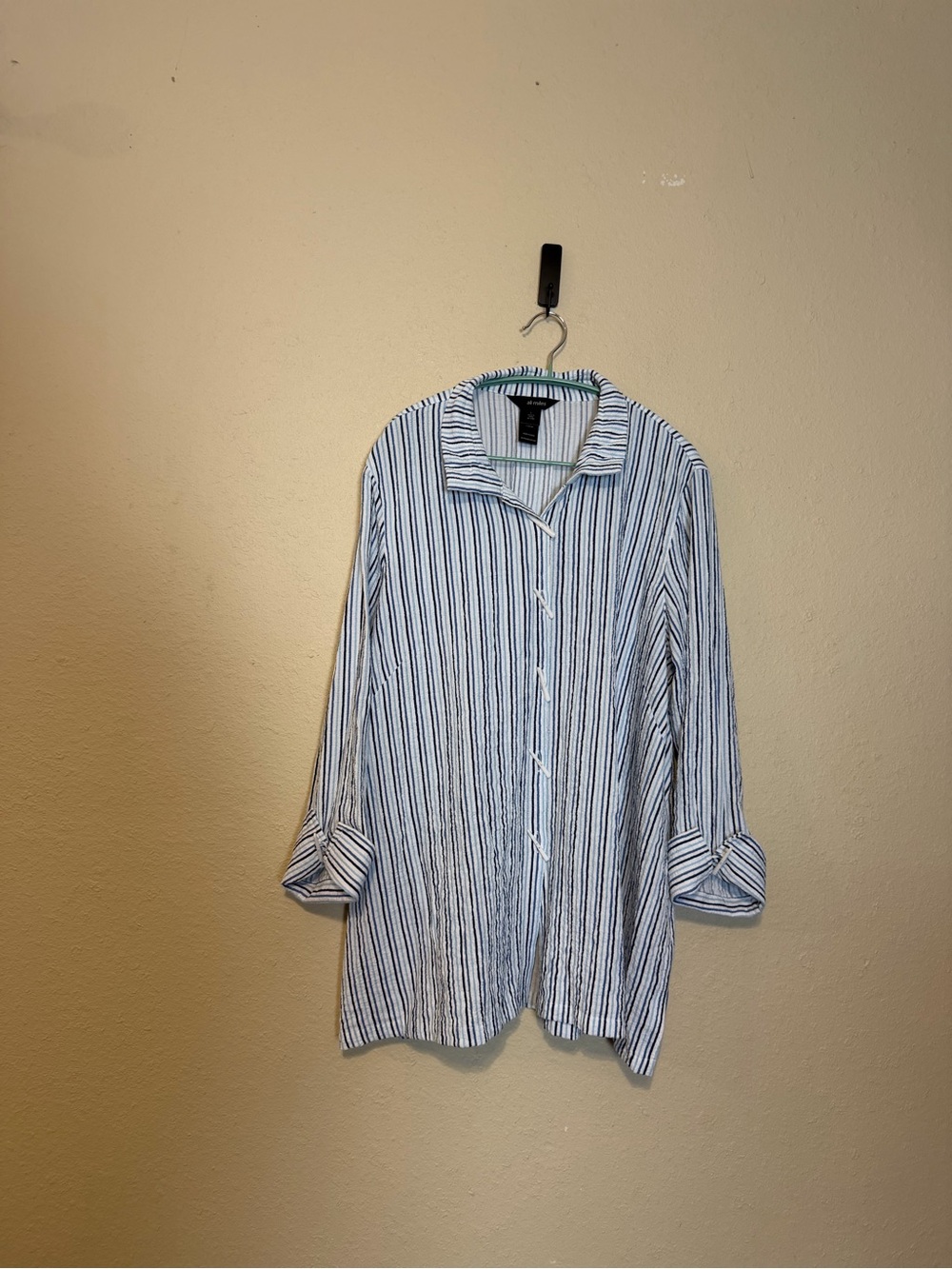 Ali Miles Striped Tunic Blue and White With Big Buttons Size Large